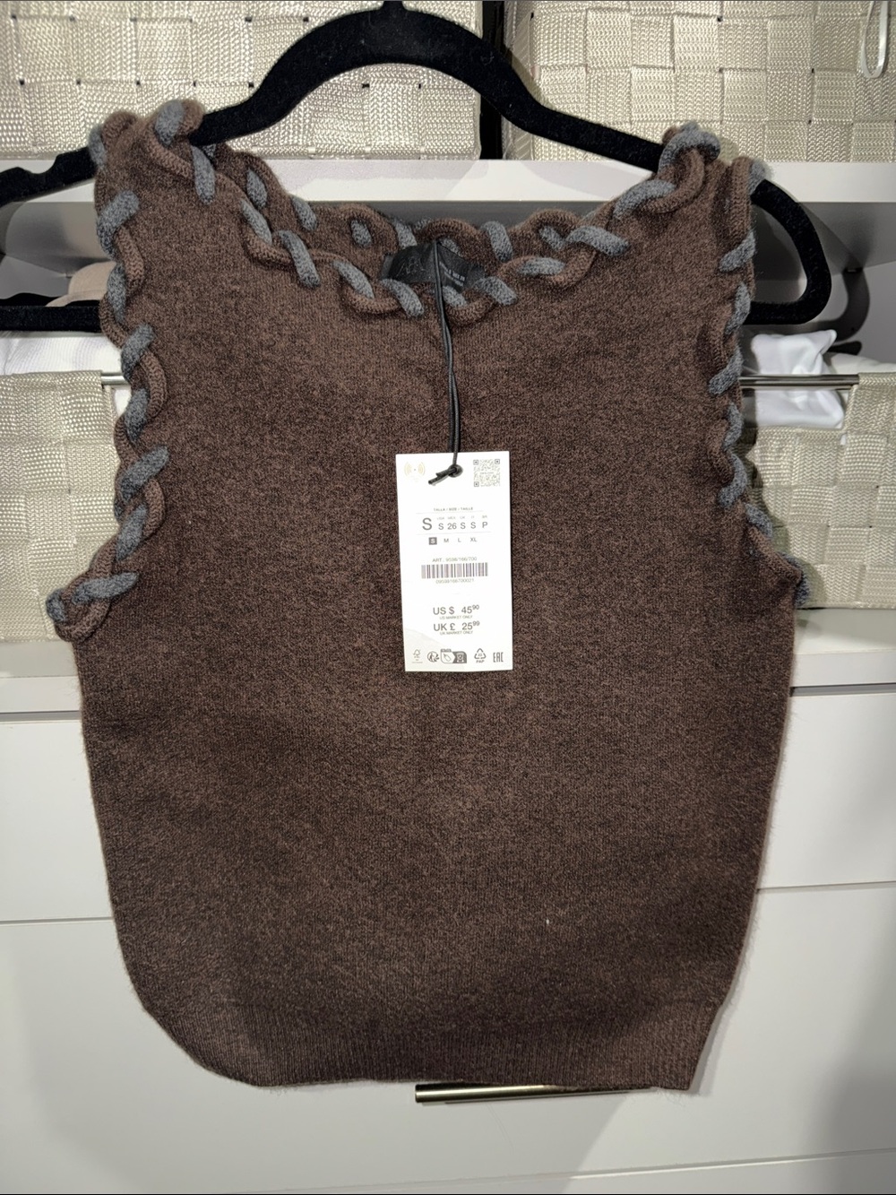 Zara Brown Knit Tank with Gray Braided Trim